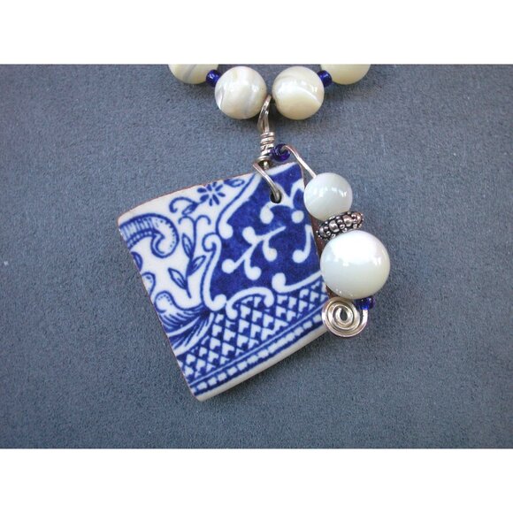 Vintage Ceramic Tile Necklace With Mother Of Pearl Beads & Blue Accents - Picture 2 of 3